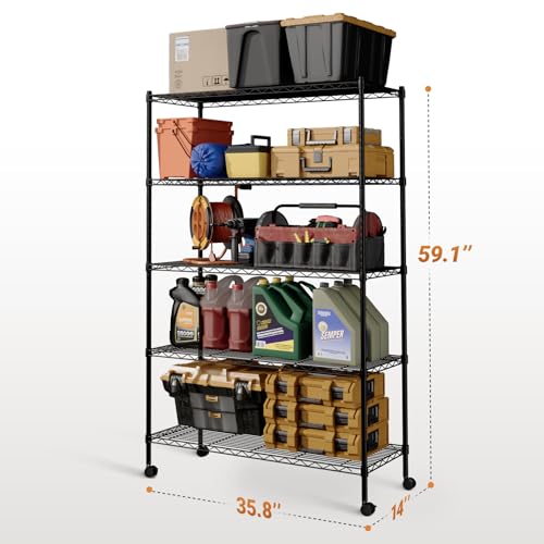 Simple Deluxe Heavy Duty 5-Tier Storage Shelving Unit, 35.83" W x 13.98" D x 61.02" H, 1250 Lbs Loading Capacity, Black - color: Black, size: 5-Tier, 36"W x 14"D x 61"H