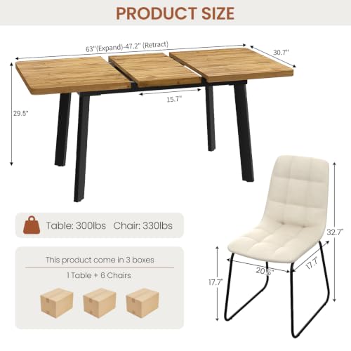 Extendable Dining Table Set for 4 to 8 People, 47.2" to 63" Modern Kitchen Table Set with 6 Chairs, MDF Dining Room Table and Chairs with Removable Extension Leaf (Walnut Table+U-Shaped White Chairs) - color: 47.2'' - 63'' Walnut Table+6 U Beige Chairs