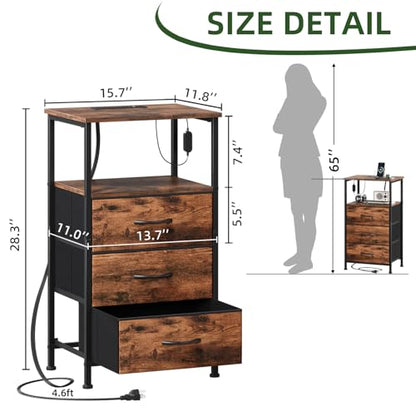 Somdot Nightstands Set of 2 with 3 Drawers, Charging Station & LED Light | Open-Shelf End Tables for Bedside, Small Spaces, Bedroom, Entryway and Hallway, Brown - color: Brown, size: 11.8"D x 15.7"W x 28.3"H (3 Drawers)