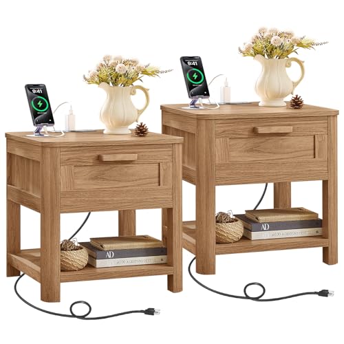 Joaxswe Farmhouse Side Table Set of 2 Living Room, Small Night Stand with 1 Drawers & Open Shelving & 4 Thickened Table Legs, Dark Wood - color: Dark Wood, size: Set of 2