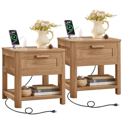Joaxswe Farmhouse Side Table Set of 2 Living Room, Small Night Stand with 1 Drawers & Open Shelving & 4 Thickened Table Legs, Dark Wood - color: Dark Wood, size: Set of 2
