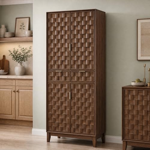 Pantry Cabinet, 71" Tall Pantry Cabinet,Modern Kitchen Cabinet with Doors, Drawers & Adjustable Shelves, Freestanding Food Pantry Cupboard with Side Rack for Kitchen Dining Room,Walnut - color: Walnut-new