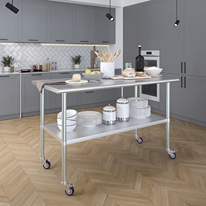 AmGood 60" Long x 30" Deep Stainless Steel Table with Casters - size: 60" Long x 30" Deep