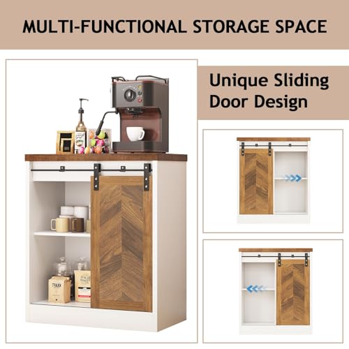Catrimown Farmhouse Small Coffee Bar Cabinet with Storage, White Coffee Bar Table with Sliding Barn Door, Adjustable Shelves, Bar Cabinet for Kitchen, Dining Living Room, 1 Pack