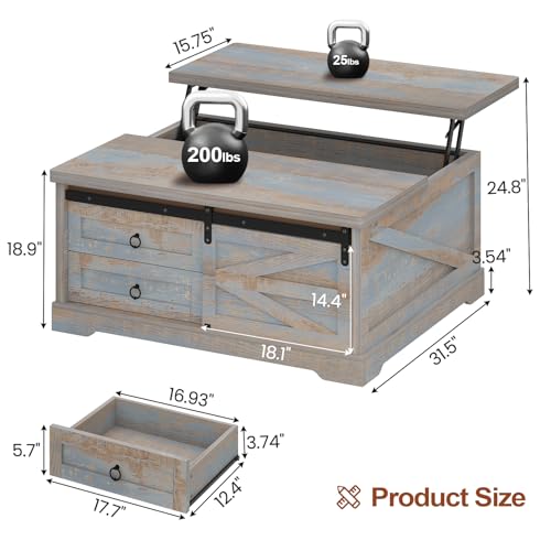 Itaar 39.4'' Lift Top Coffee Table with Storage, Farmhouse Coffee Tables for Living Room, Square Coffee Table with Large Hodden Compartment & 2 Drawrs & Adjustables Shelves (Blue) - color: Blue