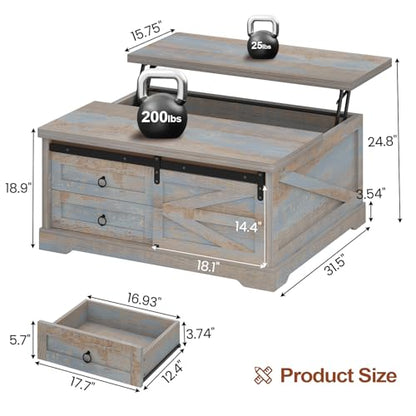 Itaar 39.4'' Lift Top Coffee Table with Storage, Farmhouse Coffee Tables for Living Room, Square Coffee Table with Large Hodden Compartment & 2 Drawrs & Adjustables Shelves (Blue) - color: Blue