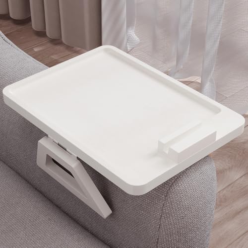 Couch Arm Tray with 360°Phone,Bamboo Folding Sofa Tray,Sofa Armrest Trays Clip-On Couch Desk for Drinks,Snacks,Phone,Remote Control（White） - color: White, style: 13.0" x 9.4"Phone Holder