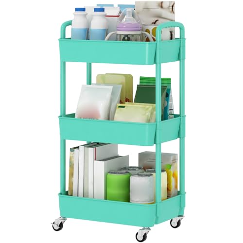 Sywhitta 3-Tier Plastic Rolling Utility Cart with Handle, Multi-Functional Storage Trolley for Office, Living Room, Kitchen, Movable Storage Organizer with Wheels, Green | Multi-Functional Storage Trolley, for Office, Living Room, Kitchen, Bathroom,Movabl