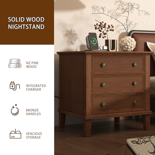 IKENO Solid Wood Nightstand with 3 Drawers, Tall Leg Bedside Table with Charging Station, Farmhouse Night Stand with Wood Slide Rail, Anti-Scratch Foot Pads for Bedroom，Walnut - color: Walnut