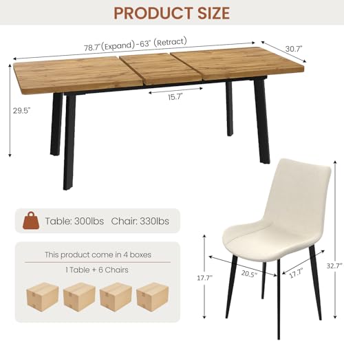 Extendable Dining Table Set for 6 to 8 People, 63" to 78.7" Modern Kitchen Table Set with 6 Leather Chairs, MDF Dining Room Table and Chairs with Removable Extension Leaf (Walnut Table+White Chairs) - color: 63'' - 78.7'' Walnut Table+6 Beige Chairs