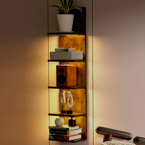 5 Tier Wall Shelf Unit, Modern Vertical Lack Wall Shelves with Light, Wall Mount, Floating Column Home Decor Shelves for Bedroom, Living Room, Vanity Storage Display(Dark Brown) - color: Dark Brown