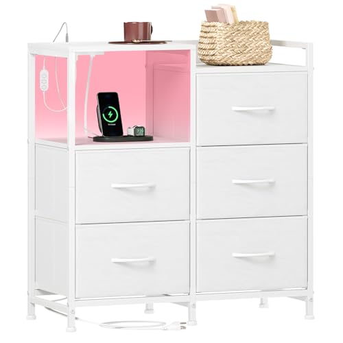 Somdot Wide Bedroom Nightstand with 5 Drawers, Charging Station & LED Light | Open-Shelf Dresser with Fabric Bins for Kids Room, Closet, Dorm and Guest Room, White - color: White, size: 11.4"D x 26.2"W x 27.8"H (5 Drawers)