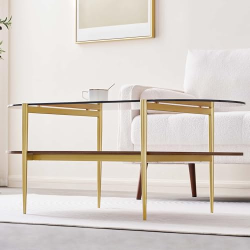 LumFurn Oval Glass Coffee Table, Mid-Century Modern Design, L41 x W21 x H17 inch, for Living Room, 2-Tier Structure, Amber Glass Top and Walnut Finish Wood Shelf, Conical Legs with Gold Finish Frame - color: Amber & Walnut, size: L41" Oval Coffee Table