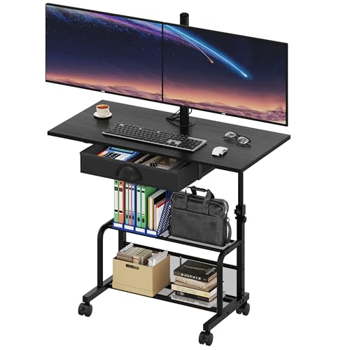 Adjustable Height Small Computer Desk with Drawers, Portable Rolling Desk for Seated Use, 32" Laptop Desk for Home Office Bedroom Living Room, Black