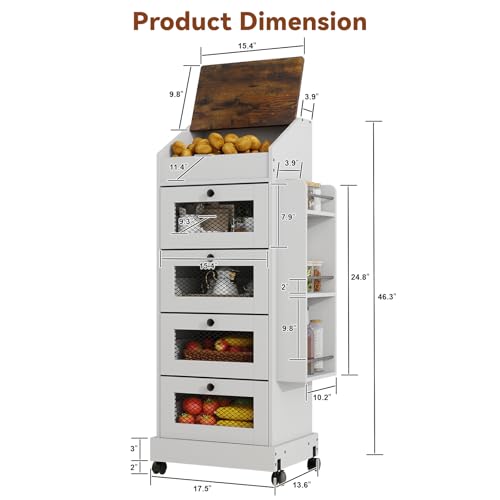 ARTETHYS Potato Storage Bin 5-Tier Rolling White Bread Box with Side Rack | Onion Keeper with Spice Rack on Wheels, Movable Fruit & Vegetable Container with 4 Ventilated Drawers for Kitchen - color: White