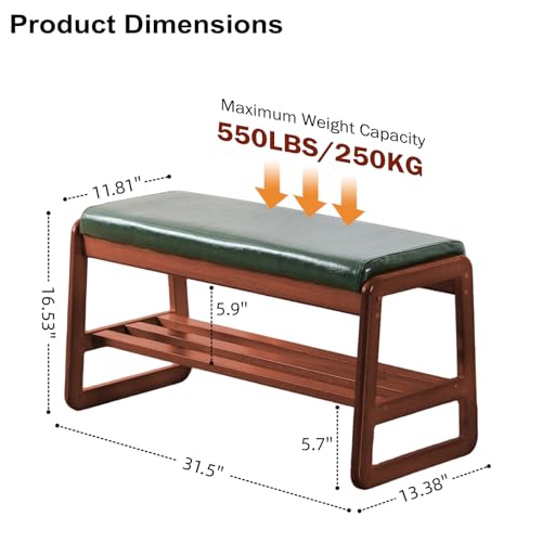 SOBIBO Solid Wood Shoe Bench, 2-Tier Wooden Entryway Bench, Modern Shoe Rack with Faux Leather Cushion for Hallway, Living Room (Green, 31.5'') - color: Green, size: 31.5 inches