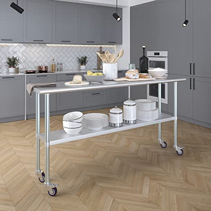 AmGood 72" Long x 18" Deep Stainless Steel Table with Casters - size: 72" Long x 18" Deep