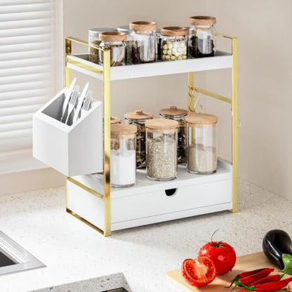 2-Tier Bathroom Counter Organizer, Wooden Vanity Shelf with Drawer & Basket | Pre-Drilled Holes, Skincare & Makeup Countertop Organizer and storage, White-gold - color: White-gold