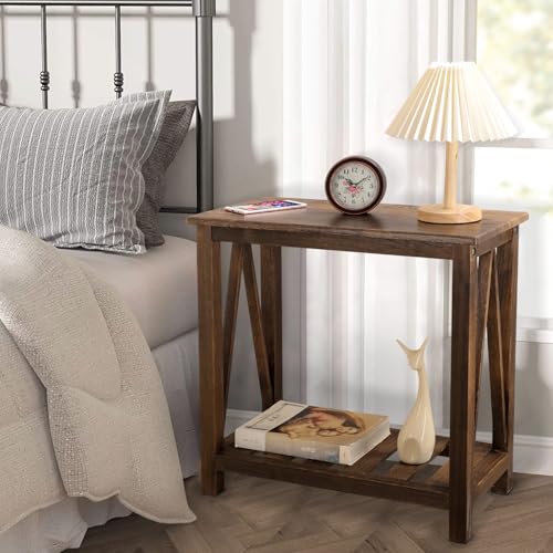 End Side Table with Storage Shelf Rectangle Narrow Nightstand Console Tables Brown Smooth End Table for Small Spaces Industrial Accent Side Table for Living Room Bathroom Bedroom - color: Brown