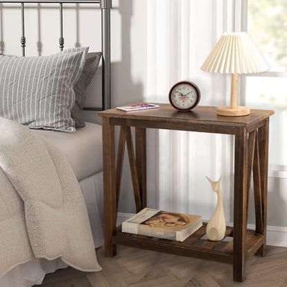 End Side Table with Storage Shelf Rectangle Narrow Nightstand Console Tables Brown Smooth End Table for Small Spaces Industrial Accent Side Table for Living Room Bathroom Bedroom - color: Brown