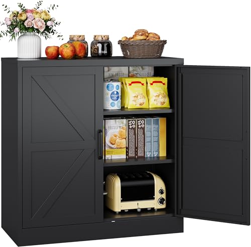 Black Storage Cabinet with Doors and Adjustable Shelves,36" Tall Farmhouse Food Pantry Cabinets,Small Sideboard Cabinet,Short Metal Storage Cabinets for Home Kitchen,Dining/Living/Laundry/Room - color: Black, size: 36"H