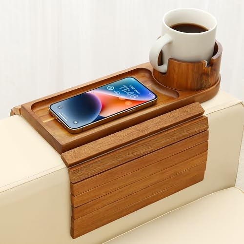 Couch Cup Holder Tray, 15.75" Acacia Wood Couch Armrest Table, 3 in 1 Foldable Sofa Clip on Side Table with 360° Phone Stand, Armrest Tray for Coffee Snacks - color: Acacia Wood