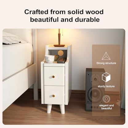 Narrow Nightstand with 2 Drawers,White Nightstand,Bedside Table,Solid Wood Modern Bedside Table for Bedroom,Study,Toilet - color: White, size: 15.75"D x 7.87"W x 22.32"H(2 Drawers)