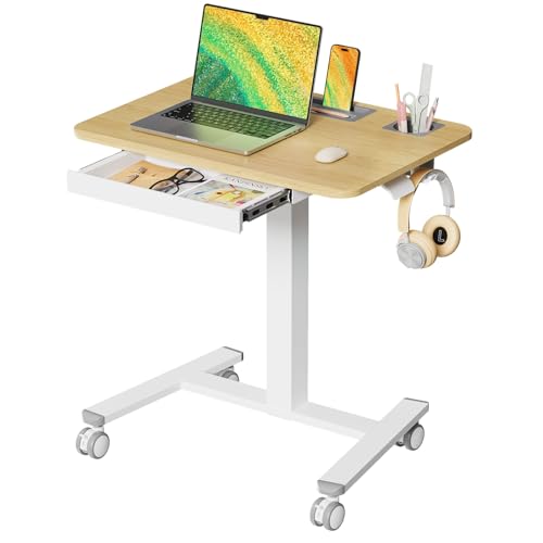 Mobile Standing Desk with Drawer, 28" Rolling Desk with Cup Holder and Hooks, Portable Laptop Workstation on Wheels, Height Adjustable Cart with Storage for Home Office, Maple - color: Maple, size: 28"