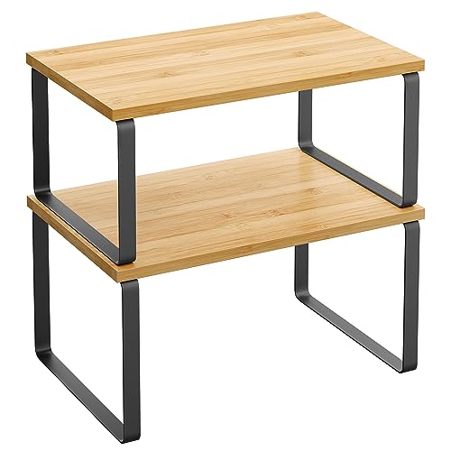 SONGMICS Cabinet Organizer Shelf, Set of 2 Kitchen Counter Shelves, Kitchen Storage, Spice Rack, Stackable, Expandable, Metal and Engineered Wood, 11.7 Inches, Ink Black and Natural Beige UKCS02NB - color: Ink Black + Natural Beige, size: 11.7"w