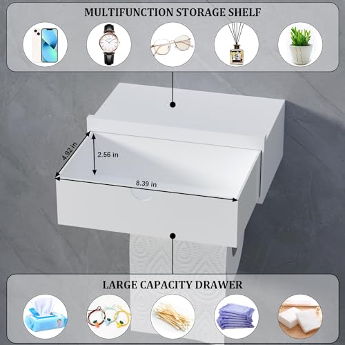 Domax White Toilet Paper Holder with Shelf,Wall Mount/Adhesive Bathroom Toilet Paper Holder,Bamboo Wood Tissue Toilet Roll Holder with Storage Drawer for Organizer Wipes,Fits Any Room, Large - color: White