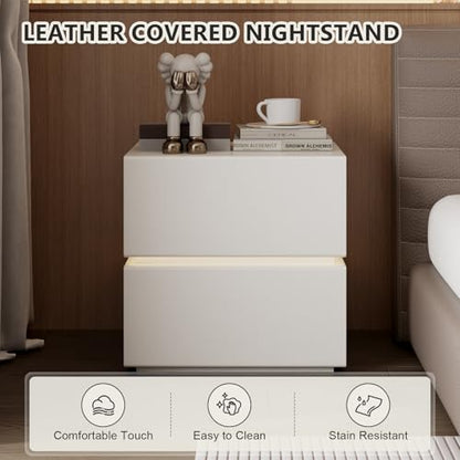Modern Nightstand with Lights Strip, Leather Wrapped Bedside Table with 2 Drawers, Small Night Stands for Bedroom, End Table, Side Table, No Assembly Required (White, Light Drawers) - size: Light Drawers