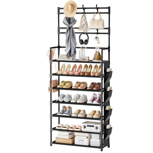 OYREL Shoe Rack 7 Tier Shoe Organizer Storage 21-28 Pairs | Closet Shoes Rack for Front Door Entrance Shoe Rack Organizer with Hooks Side Pocket Entryway Large Capacity Shoe Shelf Tower - color: Black, size: 7 Tier (23.6"Wx 65.4"H)