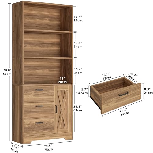 IRONCK Bookshelf with Doors and 3 Drawers 71 in Tall Bookshelf with Storage, Industrial Book Shelf with 3-Tier Shelves for Living Room Entrance Hallway Home Office - color: Oak Brown