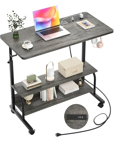Armocity Rolling Standing Desk with Charging Station, Portable Height Adjustable Mobile Computer Desk with Wheels & 2-Tier Shelves & Hooks, Easy Assembly Laptop Table for Couch Bed, 32" Grey Oak - color: Grey Oak, size: 32''