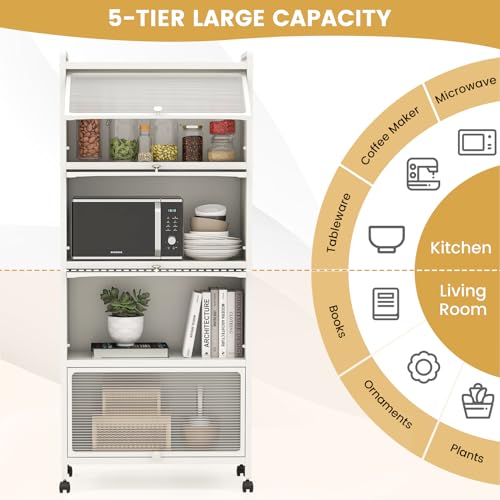 5-Tier Kitchen Storage Cabinet, Mobile Microwave Stand with Metal Frame, 4 Lockable Casters & Flip-up PC Doors, Freestanding Bakers Rack for Kitchen, Dining Room, Living Room (White) - color: White
