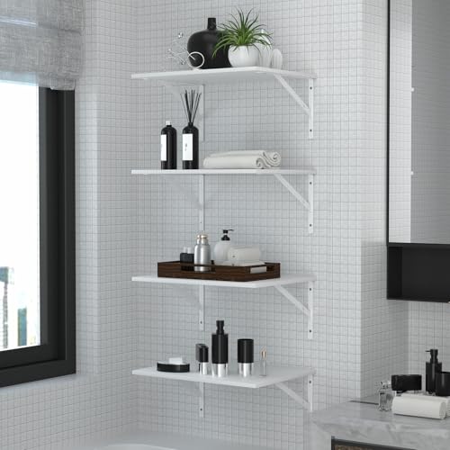 Deep Floating Wall Shelves - 4 Sets of 12 Inch Wide White Wood Shelves for Bathroom, Bedroom, Kitchen, Living Room - color: White Shelves