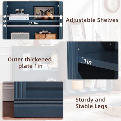 RWYHG 30" Blue Small Bookcase, 2 Tier Farmhouse Wooden Short Book Shelf | Adjustable Shelves Bookshelf, Open Display Storage, Wood Veneer Bookshelves, Thick Sturdy Base, for Living Room,Office
