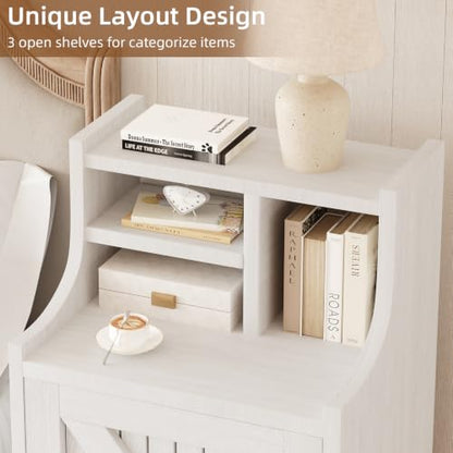 4ever2buy White Nightstand with Storage, 30" Tall Night Stand with Hutch | Farmhouse Tall Bedside Table End Table for Bedroom Living Room Sofa Office, White - color: White