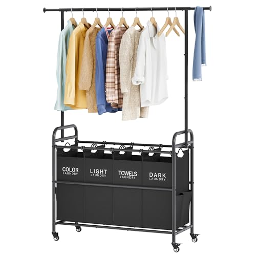 Laundry Sorter with Hanging Bar, 4 Section Laundry Hamper, Black | 52 Gal Laundry Cart with Hanging Rack and Removable Bags, Rolling Laundry Hamper Cart for Laundry Room, Bathroom, Bedroom - color: Black, size: 4 bag