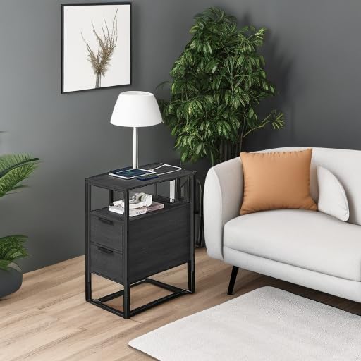 VASAGLE Side End Table with Charging Station, Slim Nightstand with 2 Drawers, Narrow Bedside Table for Living Room, Small Spaces, Charcoal Gray and Ink Black ULET321B22 - color: Charcoal Gray + Ink Black, size: 23.6"D x 13.8"W