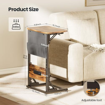 HLDIRECT C Shaped End Table with Charging Station & Storage Bag Brown | 2 USB & 2 Outlets, Storage Bag, FSC Wood, Foldable, 11.8"D x 15.7"W, for Small Spaces, Couch, Bedroom - color: Rustic Brown