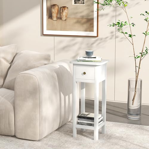 Tangkula 2-Tier Narrow Side Table with Drawer, Acacia Wood Tall End Table for Small Spaces, Farmhouse Slim Bedside Table with Open Shelf, Nightstand for Living Room, Bedroom, No Assembly (2, White) - color: White