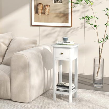 Tangkula 2-Tier Narrow Side Table with Drawer, Acacia Wood Tall End Table for Small Spaces, Farmhouse Slim Bedside Table with Open Shelf, Nightstand for Living Room, Bedroom, No Assembly (2, White) - color: White