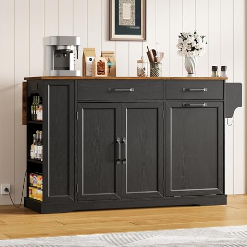 RALGEND Kitchen Island with Power Outlet & Drop Leaf, Rolling Storage Cart with Trash Storage Cabinet, Farmhouse Mobile Island Table for Kitchen, Dining Room, Hidden Casters, Black and Rustic Brown - color: Black + Rustic Brown