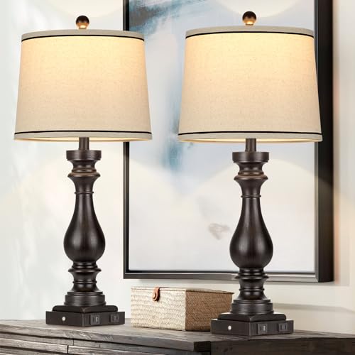 29" Tall Table Lamp for Living Room Set of 2,Farmhouse Vintage Bedside Nightstand Lamps with USB C+A Ports & AC Outlet,3-Way Dimmable Touch Control Retro Black Lamp for Bedroom,Color 5 - color: Black