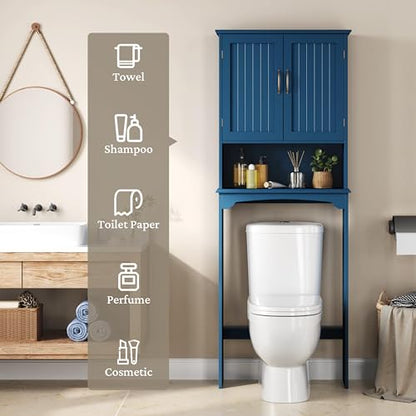 Yaheetech Over The Toilet Storage with 2 Doors & Adjustable Shelf, Free Standing Toilet Rack Wooden Space-Saving Collect Cabinet, Bathroom Furniture, L24.5xW9xH66 in, Navy Blue - color: Navy Blue