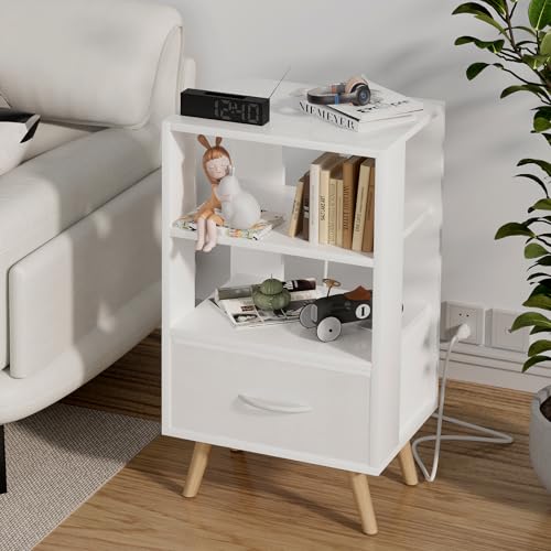 Aenuert Night Stand with Charging Station, White Nightstand with Drawer, 3-Tier Wooden Bedside Table with USB Ports and Outlets, End Table for Small Space, Living Room, Bedroom - color: White, size: 3-Tier with Charging Station