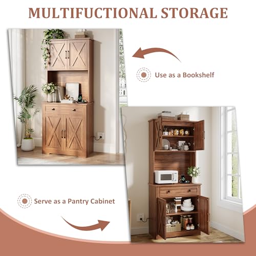 GarveeLife 71" Pantry Cabinet with Charging Station, Tall Kitchen Pantry Storage Cabinet with Microwave Stand, Large Farmhouse Kitchen Hutch with Cabinet Doors & Drawer for Living Room, Dining Room - color: Brown