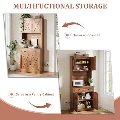 GarveeLife 71" Pantry Cabinet with Charging Station, Tall Kitchen Pantry Storage Cabinet with Microwave Stand, Large Farmhouse Kitchen Hutch with Cabinet Doors & Drawer for Living Room, Dining Room - color: Brown