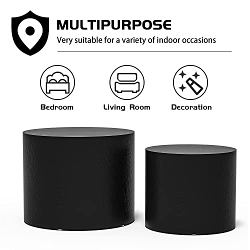 Round Coffee Table Set of 2, Nesting Coffee Table and End Table Set Wood Small Circle Drum Side Table for Living Room Office, No Assembly - color: Black